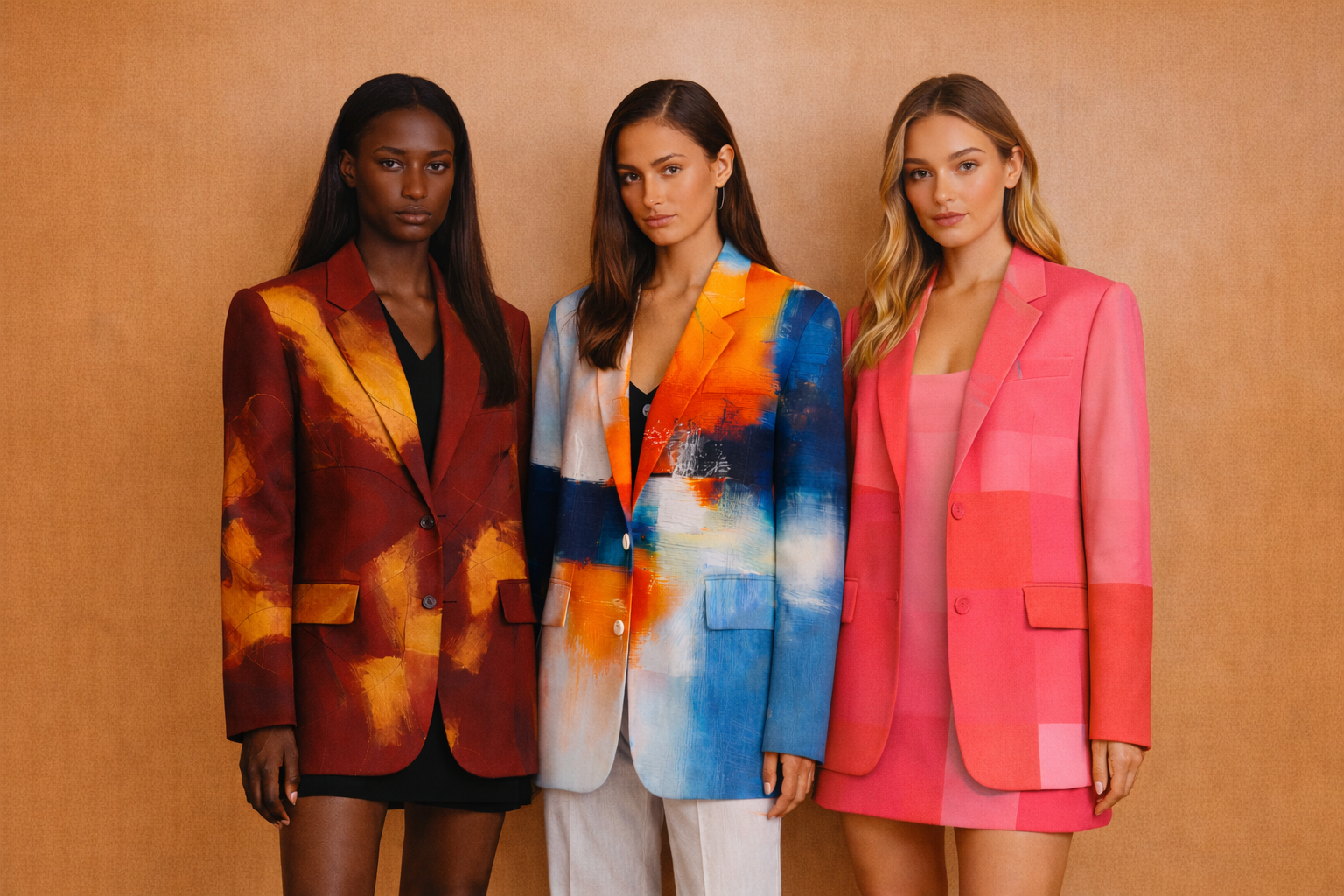 Three women wearing bold MADAVA blazers